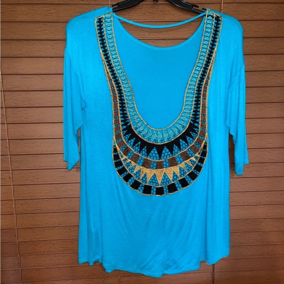 Crochet Pocket Faded Teal Mineral Washed Short Sleeve Top